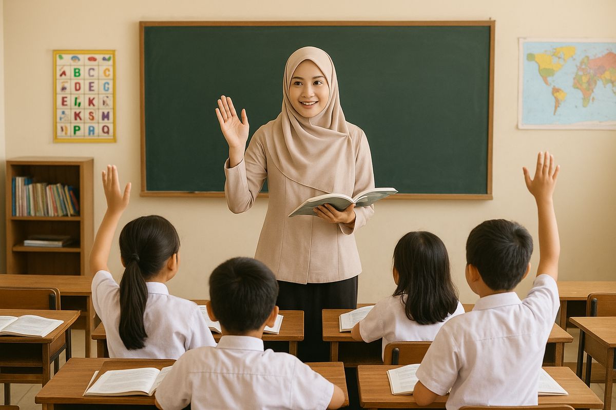 Teacher interacting with students in classroom